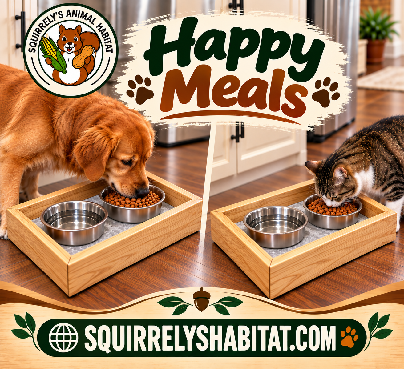 Wooden Pet Feeding Tray, Dog & Cat Food Bowl Holder, Handmade Pet Feeding Station